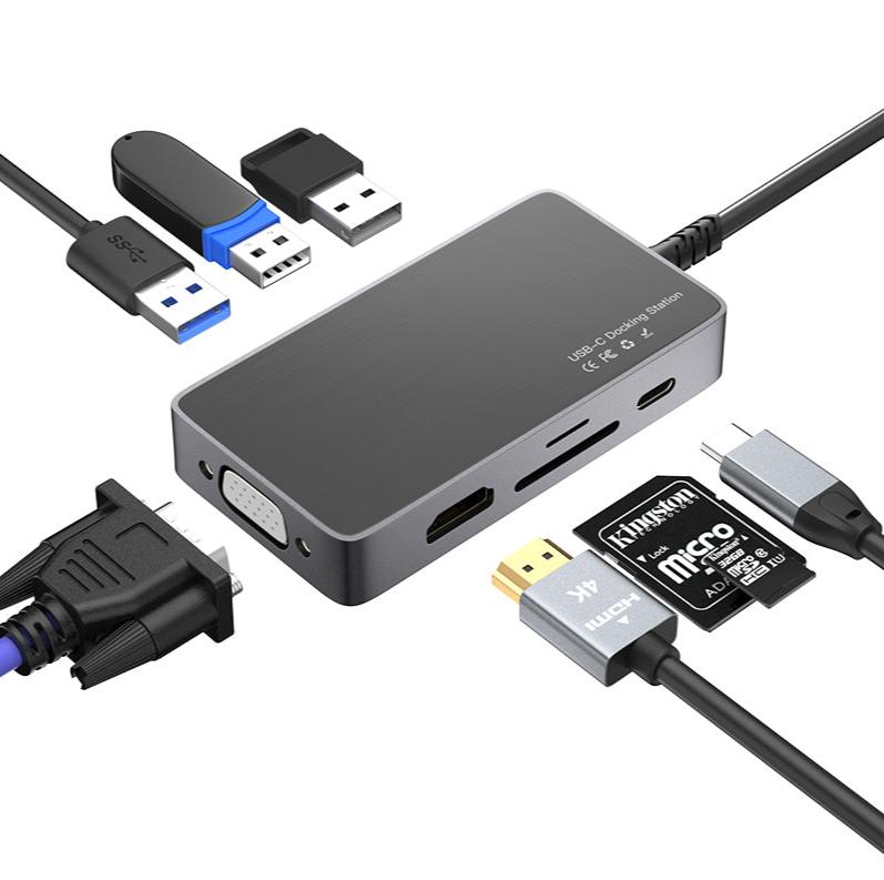 USB-C multiport hub showing HDMI, VGA, USB 3.0, USB 2.0, SD and microSD ports