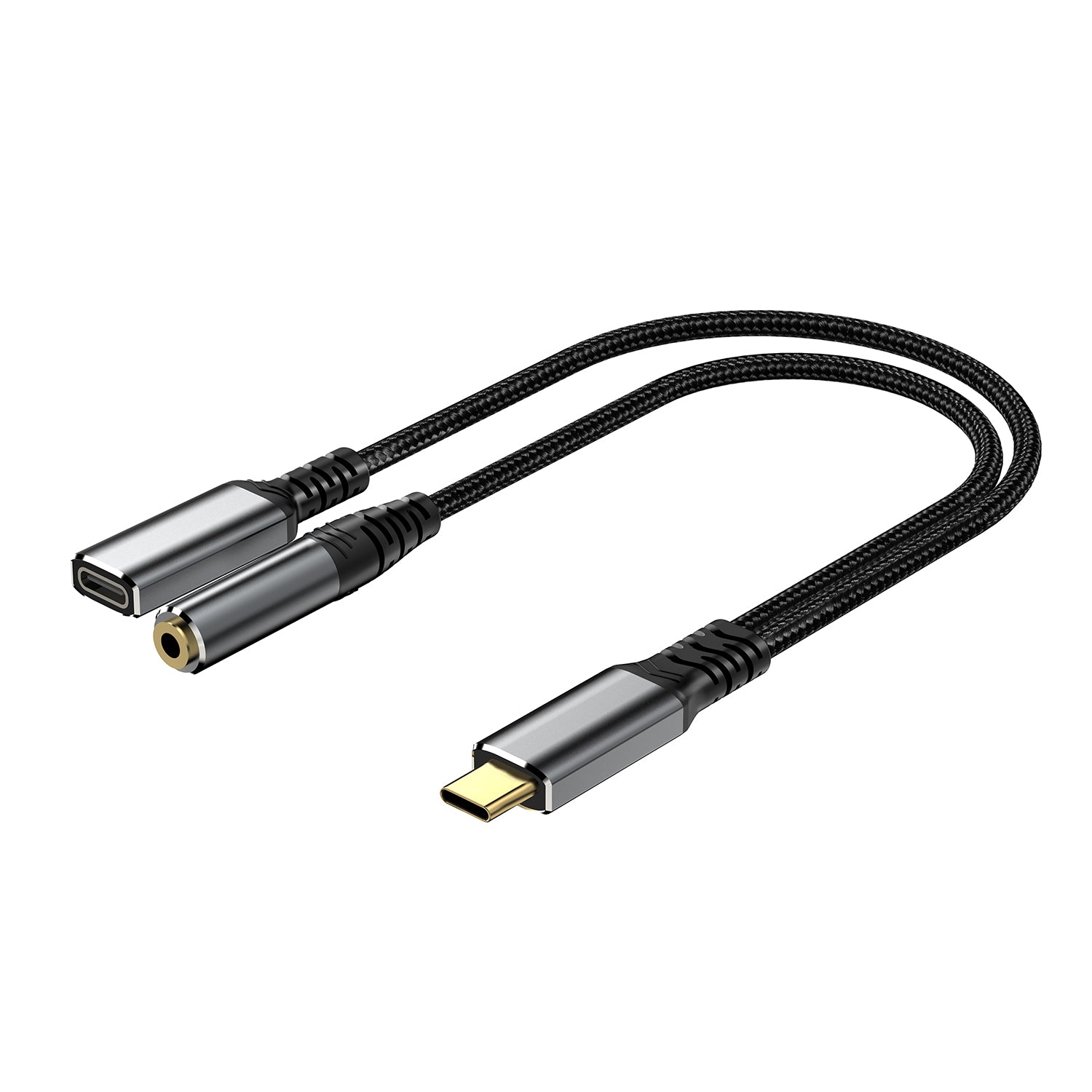 USB-C to 3.5mm audio and charging adapter cable with braided construction