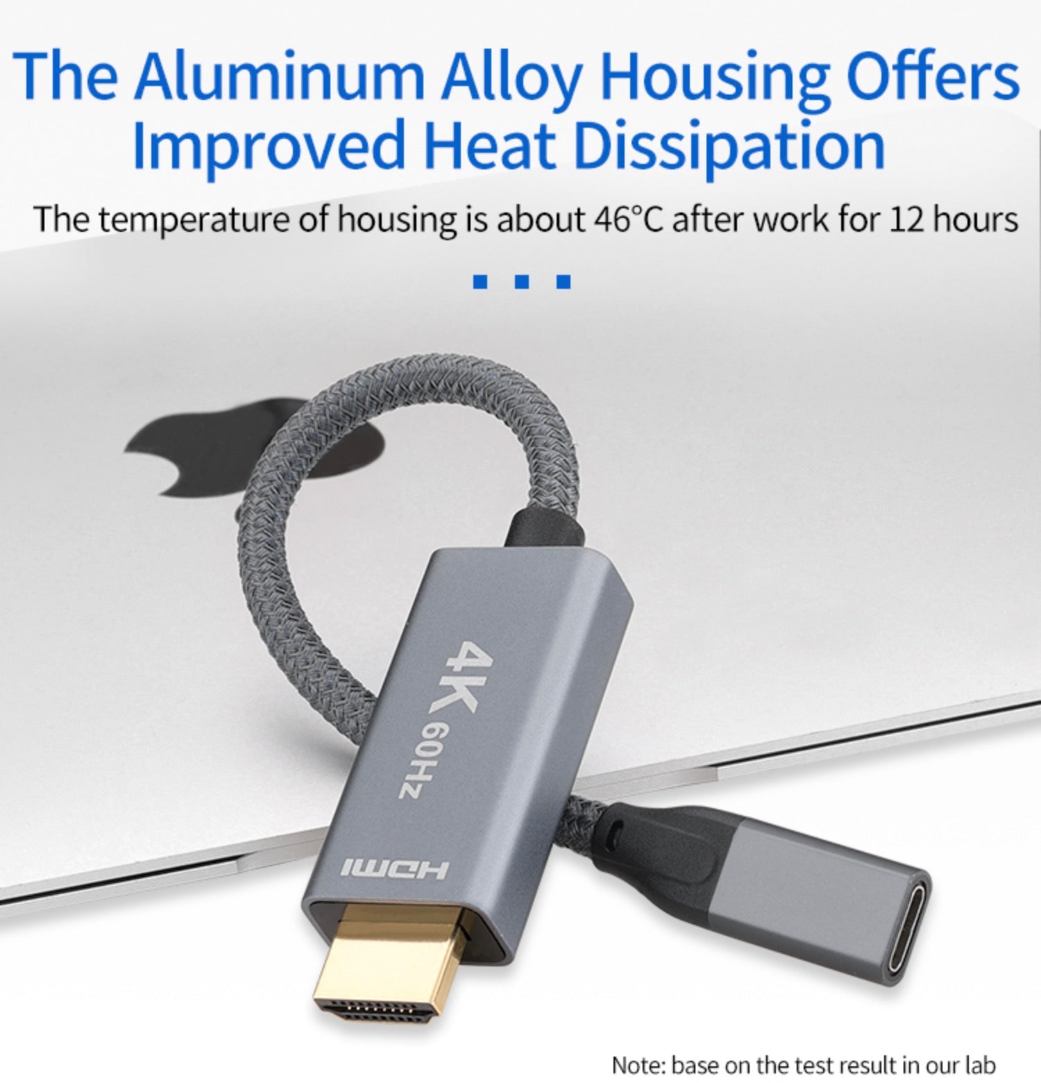 USB-C to HDMI converter connected between a MacBook and external HDMI monitor