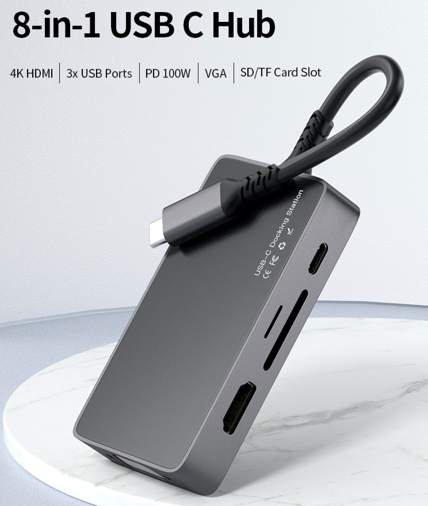 Angled view of 8-in-1 USB-C hub with integrated USB-C cable