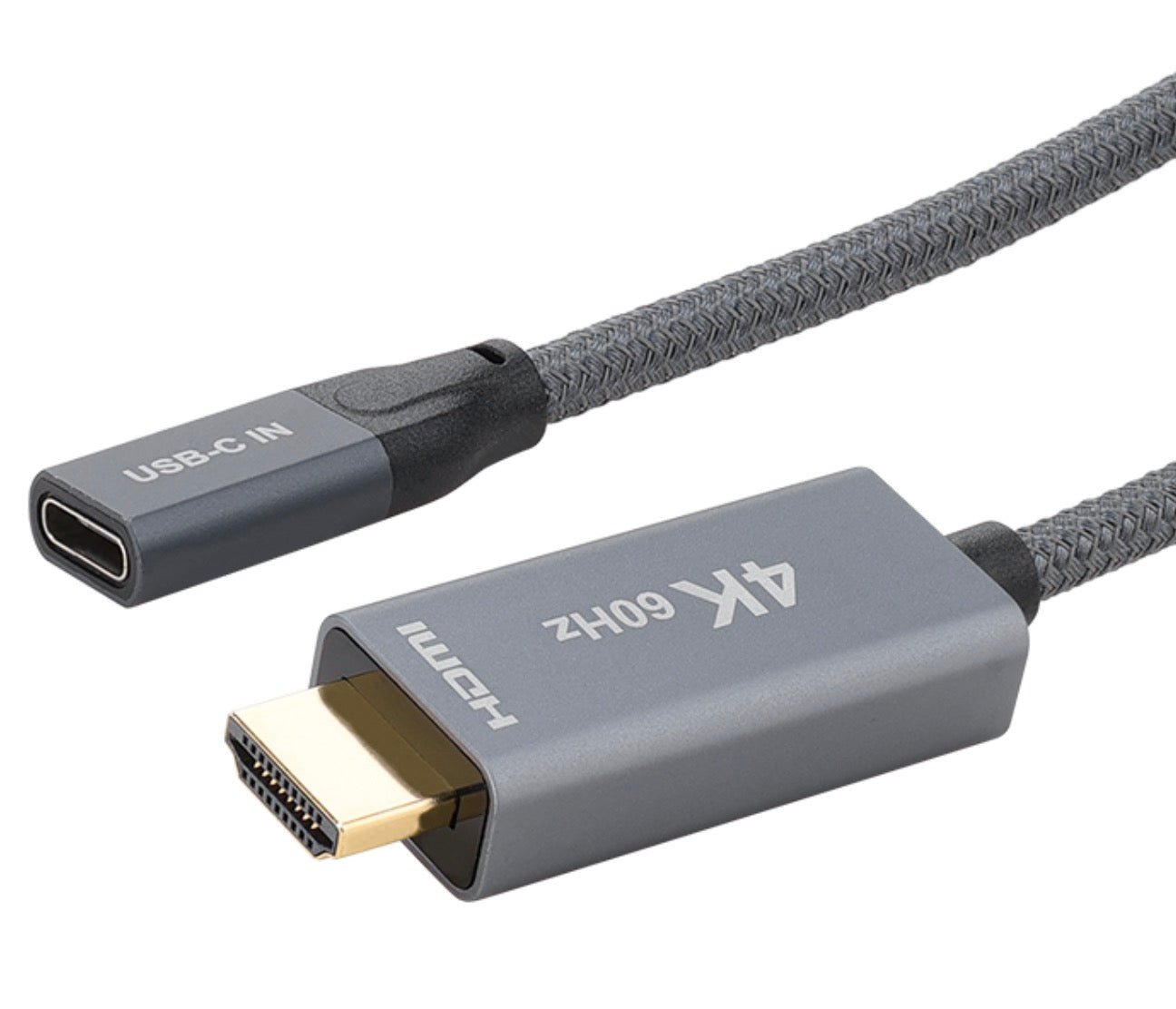 Close-up of USB-C female input and HDMI male output connectors on 4K 60Hz adapter