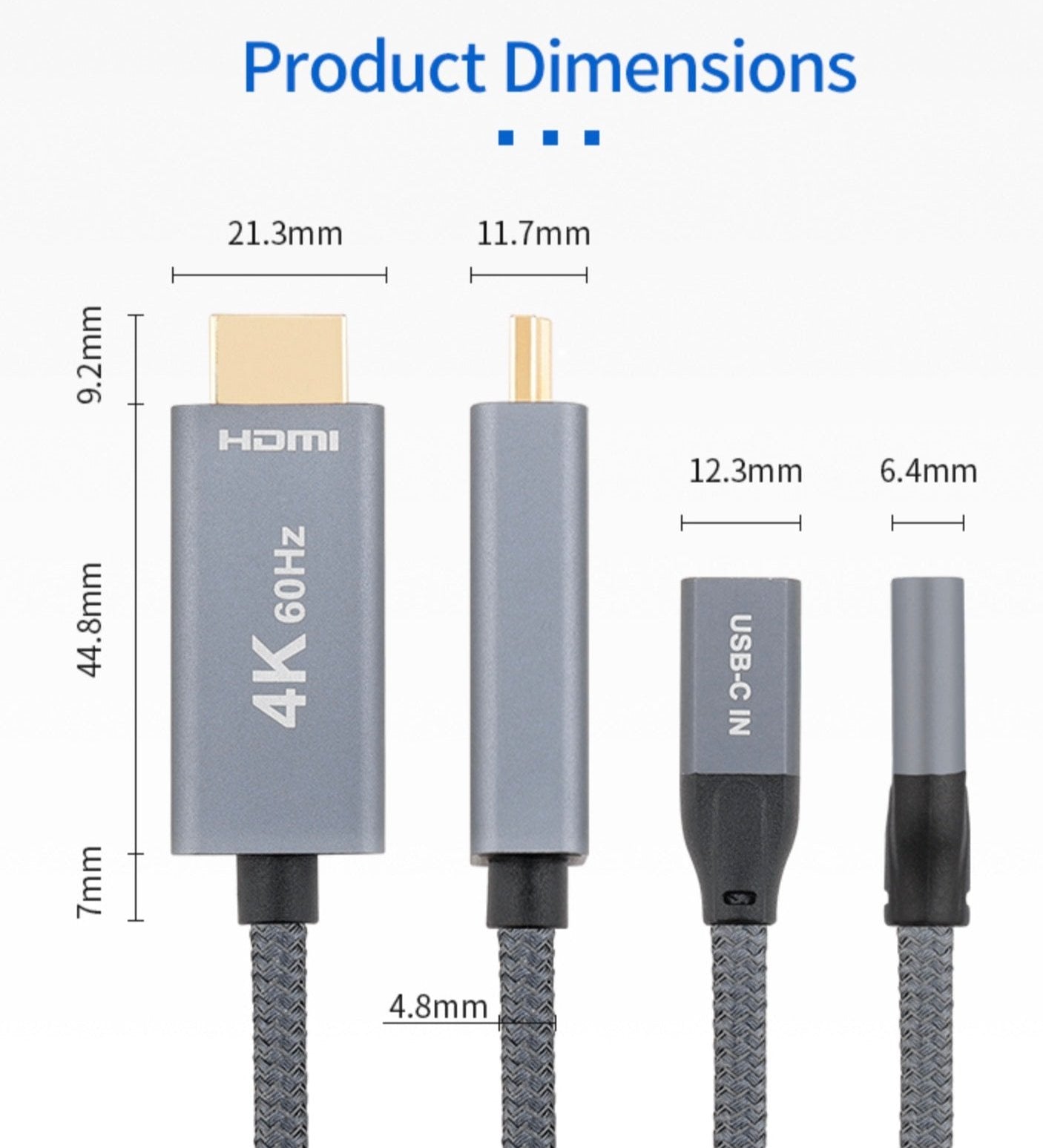 USB-C to HDMI converter cable showing product dimensions and connector measurements