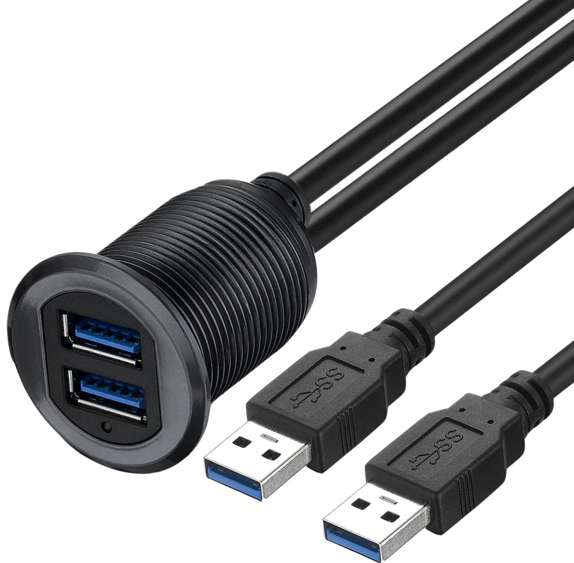 Dual USB 3.0 Type A Male to Dual Female Flush Mount Panel Extension for Vehicles