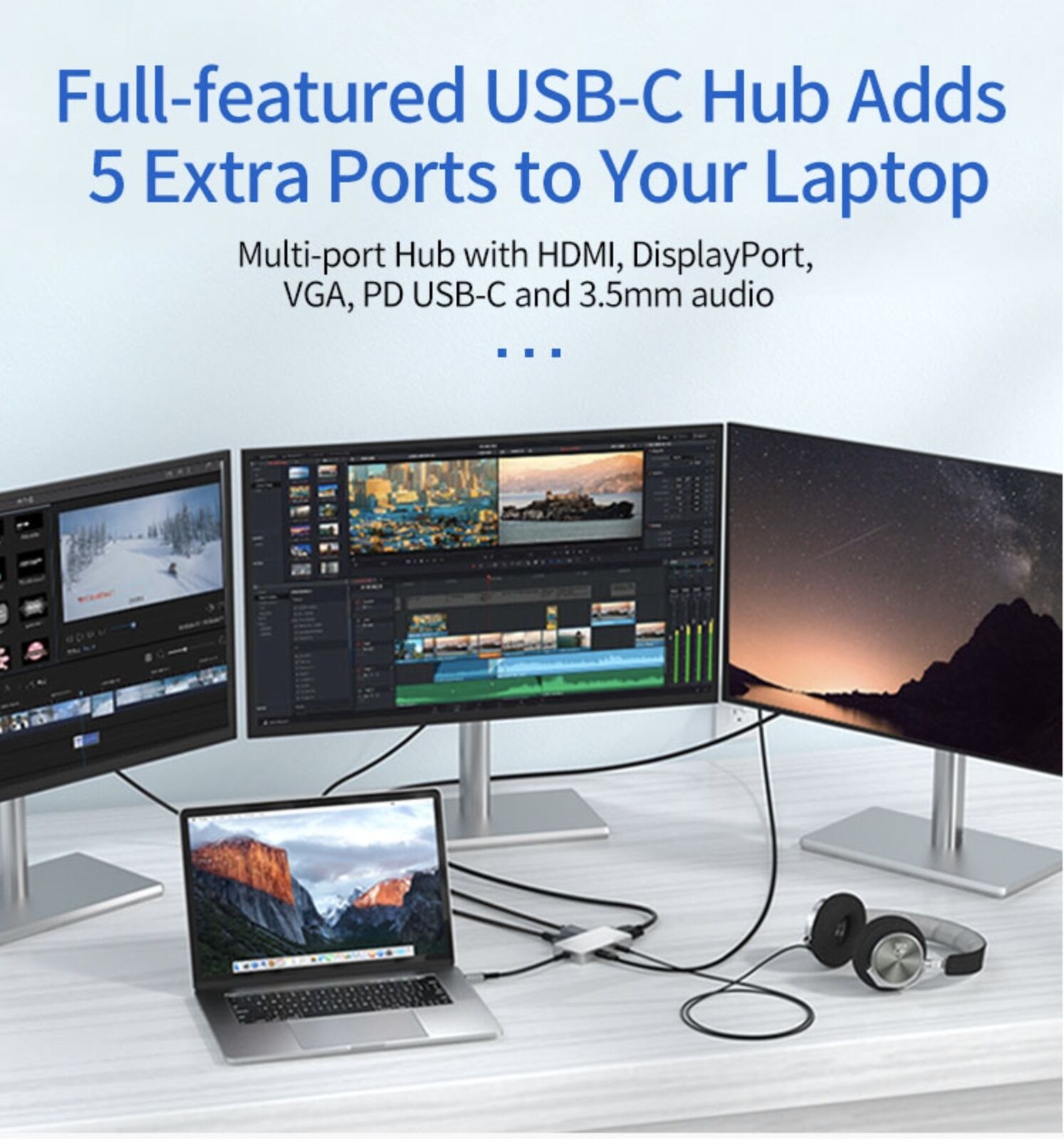 USB-C 5-in-1 Hub with 4K DP, HDMI, VGA + Audio 3.5mm and PD (100W)