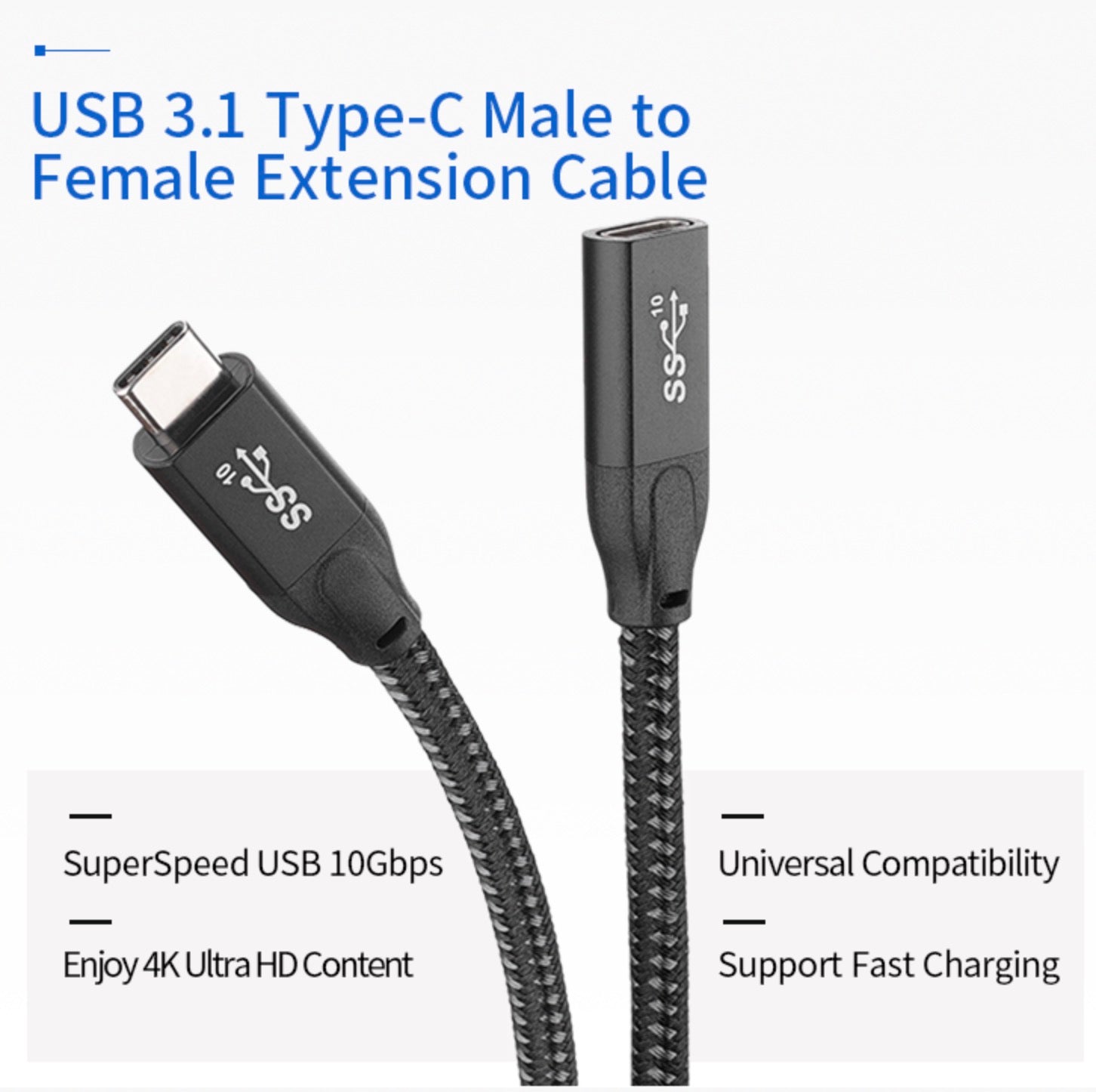 USB-C Male to Female 100W 4K Thunderbolt 3 Cable 10Gbps