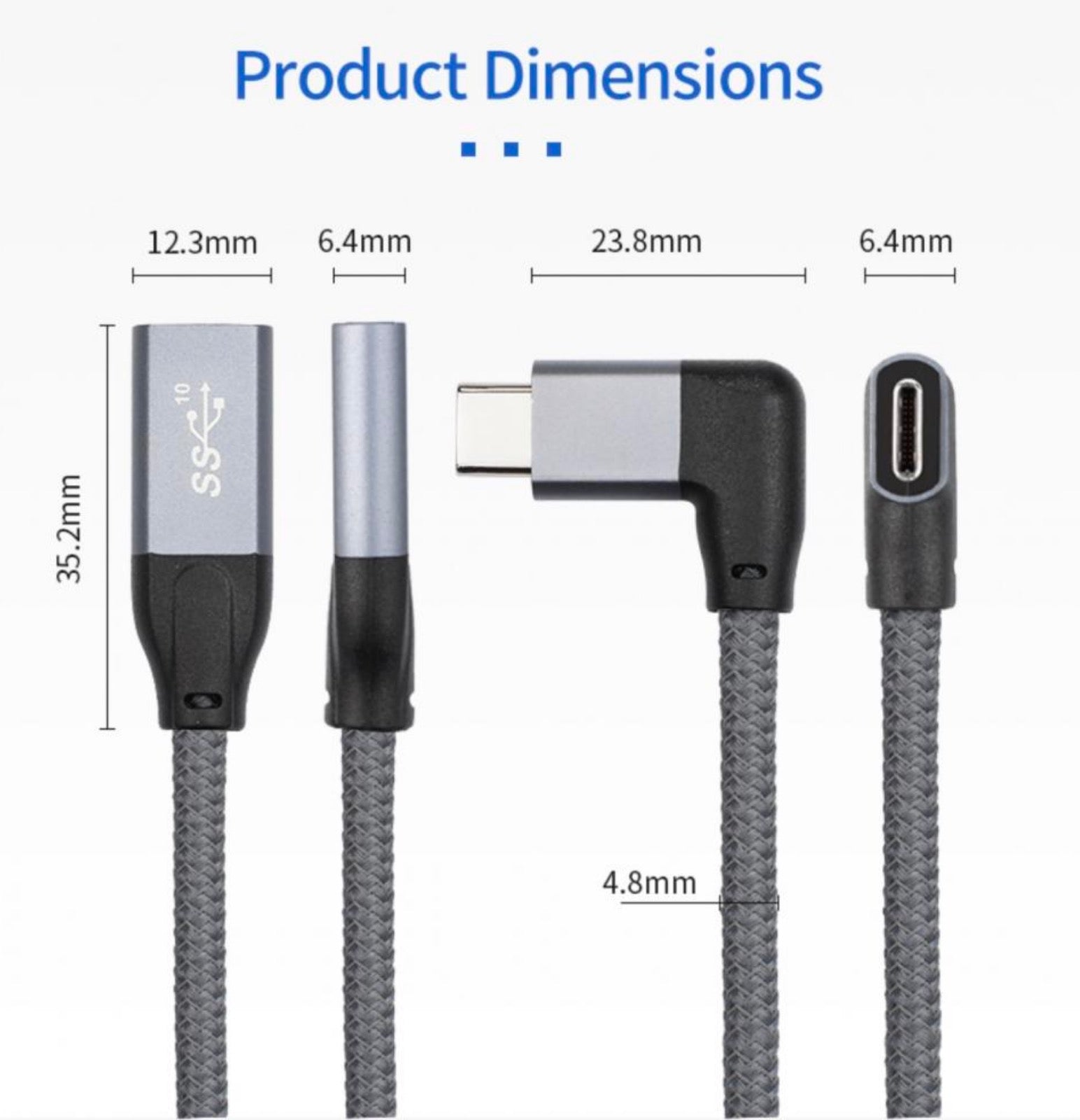 USB-C 3.1 Angled Male to Straight Female 100W Thunderbolt 3 Cable 10Gbps