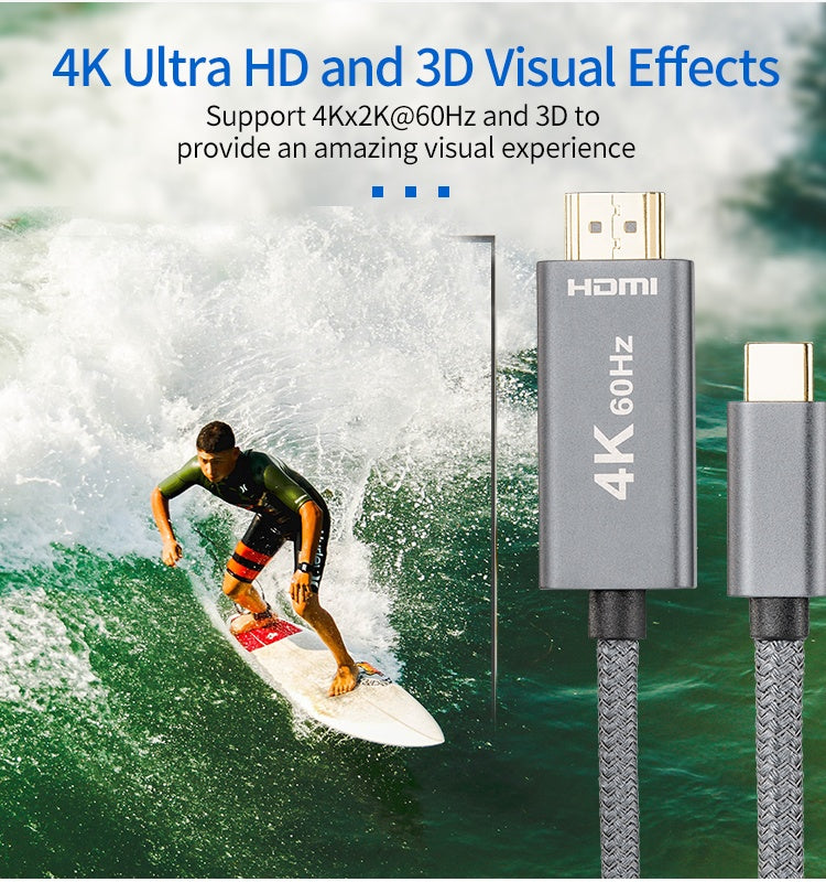 USB-C to HDMI 4K@60Hz Cable (Supports UHD, 3D, HDR, Audio/Video Sync) 2m